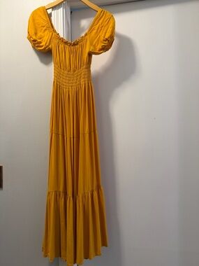 Yellow Maxi Dress with Smocked Waist and Puff Sleeves